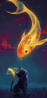 Dreamlike mobile wallpaper with a fish and cat in a night sky.