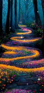 Dreamlike forest path with glowing colors in a mystical setting.