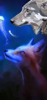 A digital artwork of a fox, wolf, and glowing jellyfish in dark blue.