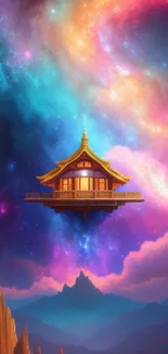 Floating temple with galaxy background art.