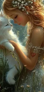 Girl embraces fluffy white cat in mystical setting.