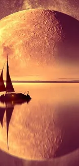 Surreal moon reflection with sailboat on serene waters at dusk.