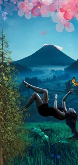 Surreal artwork with floating figure and mountain.