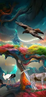 Surreal scene with colorful trees and wildlife in a dreamlike landscape.