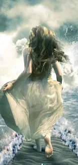 A girl walking on a mystical ocean pathway with waves crashing around.