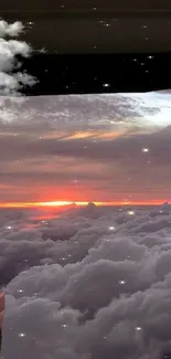 Car window view of a sunset above the clouds, creating a dreamlike scene.