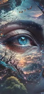 A surreal artwork featuring a cosmic eye with layers of nature and fantasy elements.