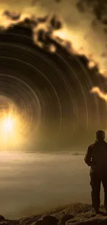 A dreamlike swirl with a glowing sunset over a misty landscape, featuring a lone figure.