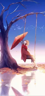 Artistic wallpaper with swing and masked figure under a tree.