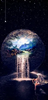 Fantasy wallpaper with waterfall and celestial sphere on a starry night background.