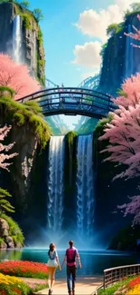 Dreamlike waterfall scene with cherry blossoms and a blue sky.