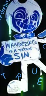 Fantasy character holding a sign with blue hues on a dark background.