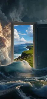 Surreal wallpaper with a door opening to a coastal landscape.