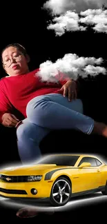 Surreal wallpaper with floating figure, clouds, and yellow car.