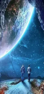 Two figures walking through a cosmic cave with a giant planet overhead.