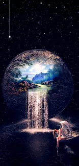 Dreamscape with cosmic waterfall and celestial surroundings for mobile wallpaper.