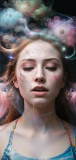 Ethereal portrait with colorful abstract swirls on a mobile wallpaper.