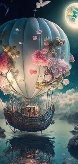 A fantasy hot air balloon with flowers, floating under a full moon.