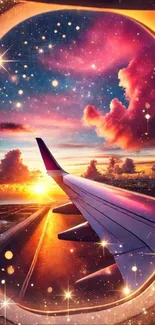 Dreamy view through airplane window at sunset with stars and vibrant sky.