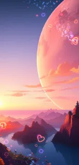 Dreamy alien landscape with pink planet and vibrant sky.