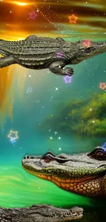 Fantasy alligator wallpaper with stars and a mystical green background.