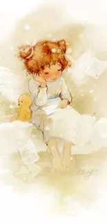 Watercolor of an angelic child with wings and teddy bear.