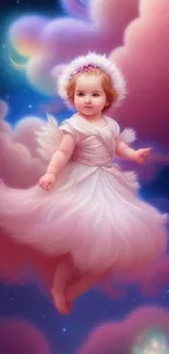 Angelic child floating in dreamy pink clouds.