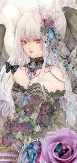 Angelic figure with butterflies and jewels in pastel hues mobile wallpaper.