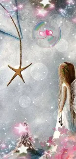 Whimsical angel in a starry, dreamy landscape wallpaper.