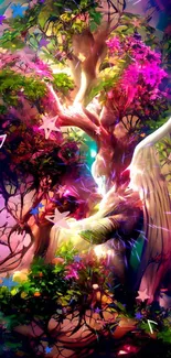 Ethereal angel entwined with a colorful, vibrant tree.