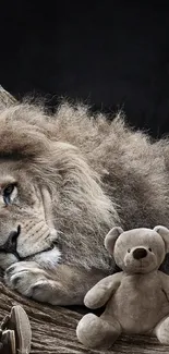 Serene scene of a girl reading alongside a lion and teddy bear.