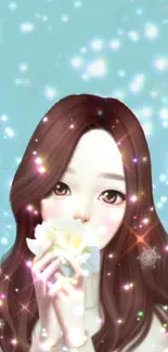 Animated girl with sparkles on blue background holding a white flower.