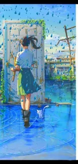 Rainy animated scene with a girl and vibrant colors.