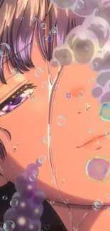 Anime character with bubbles, peach tones, and dreamy atmosphere.