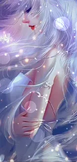 Anime character with flowing lavender hair and glowing flowers.