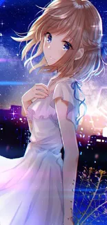 Dreamy anime cityscape with girl in white dress.