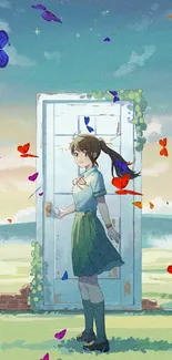 Anime girl stands by a door in a dreamy landscape with a vibrant sky.