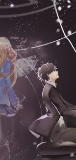 Anime duet scene with a pianist and girl in blue, surrounded by dreamy atmosphere.