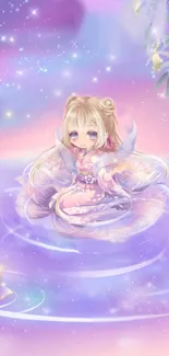 Charming anime character in a dreamy, purple fantasy setting with floral accents.