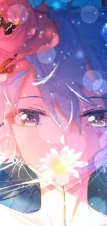 Anime girl with blue hair and a flower with butterflies.