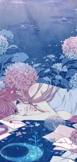 Dreamy anime girl with flowers in a serene setting.