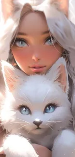 Anime girl holding a white cat with blue eyes in a dreamy pastel art style.