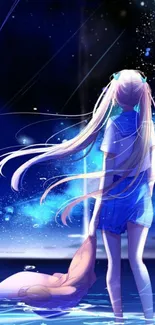 Anime girl stands by ocean at night under starry sky in fantasy scene.