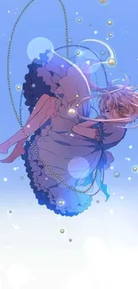 Anime girl floating in dreamy blue background.