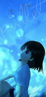 Anime girl in blue setting, gazing upwards.