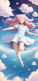 Anime girl floating among pastel clouds.