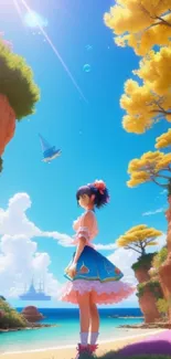 Anime girl on a vibrant island with ocean view and colorful cliffs.