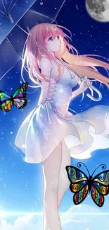 Anime girl with umbrella and butterflies under a night sky.