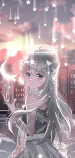 Anime girl in a starry night cityscape with dreamy light effects.