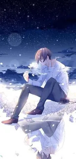 Anime character in a dreamy night sky setting with stars and reflections.